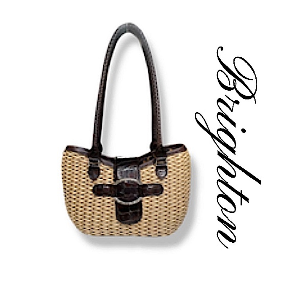 Brighton Kora Natural Straw Faux Croc Leather Boho Beachy Shoulder Handbag GUC!